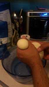 Pinch off ping pong or golf ball size dough balls depending on how big you want your tortillas.